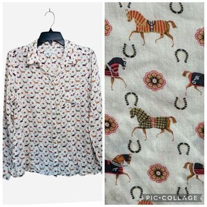 FoxCroft Tencel 100% Blouse Size 10 Long Sleeve Shirt Equestrian Horse Print